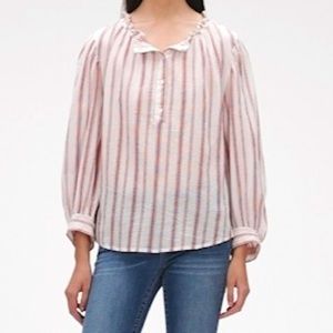 GAP Crinkle Gauze Ruffle Neck Half Button Striped Pullover Blouse